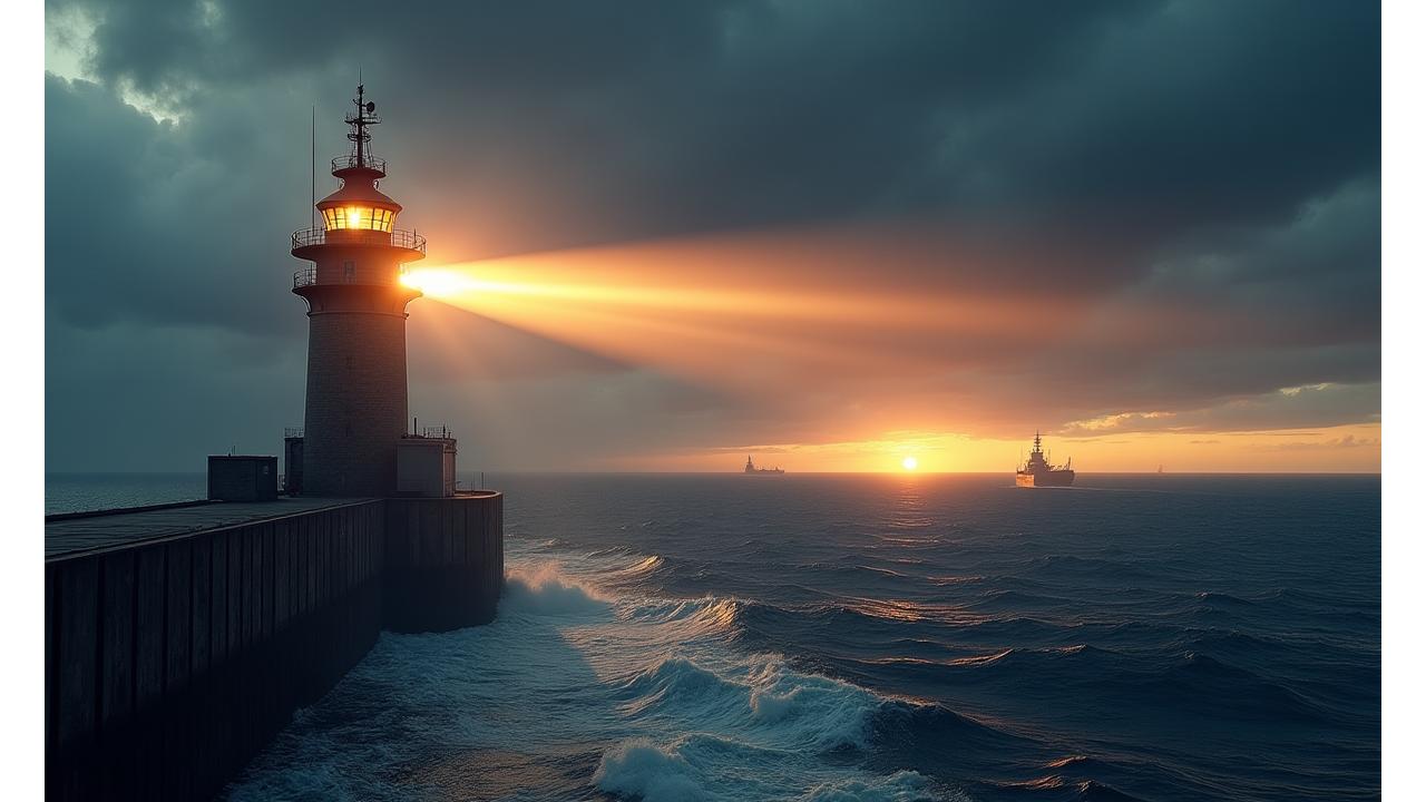 Phare moderne balayant la mer agitée au lever ou coucher du soleil, symbolisant la navigation et la sécurité maritime.