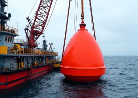 Équipe installant une bouée de navigation avec un navire spécialisé