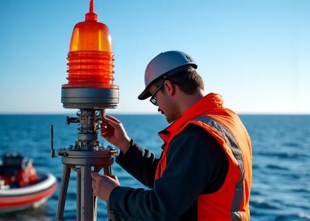 Technicien inspectant une balise de navigation en mer